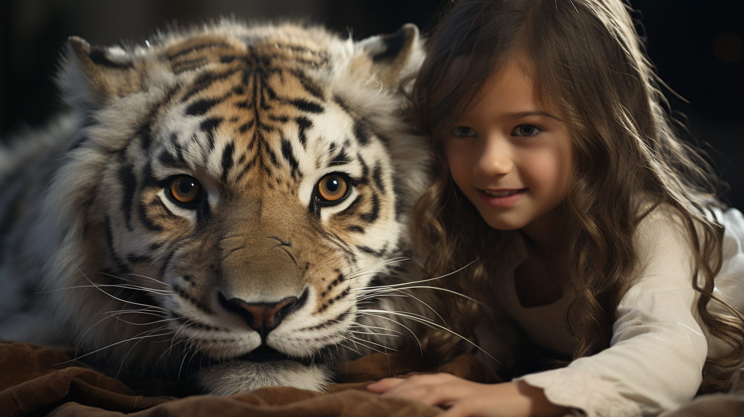 Adventurous little girl playing with a friendly tiger