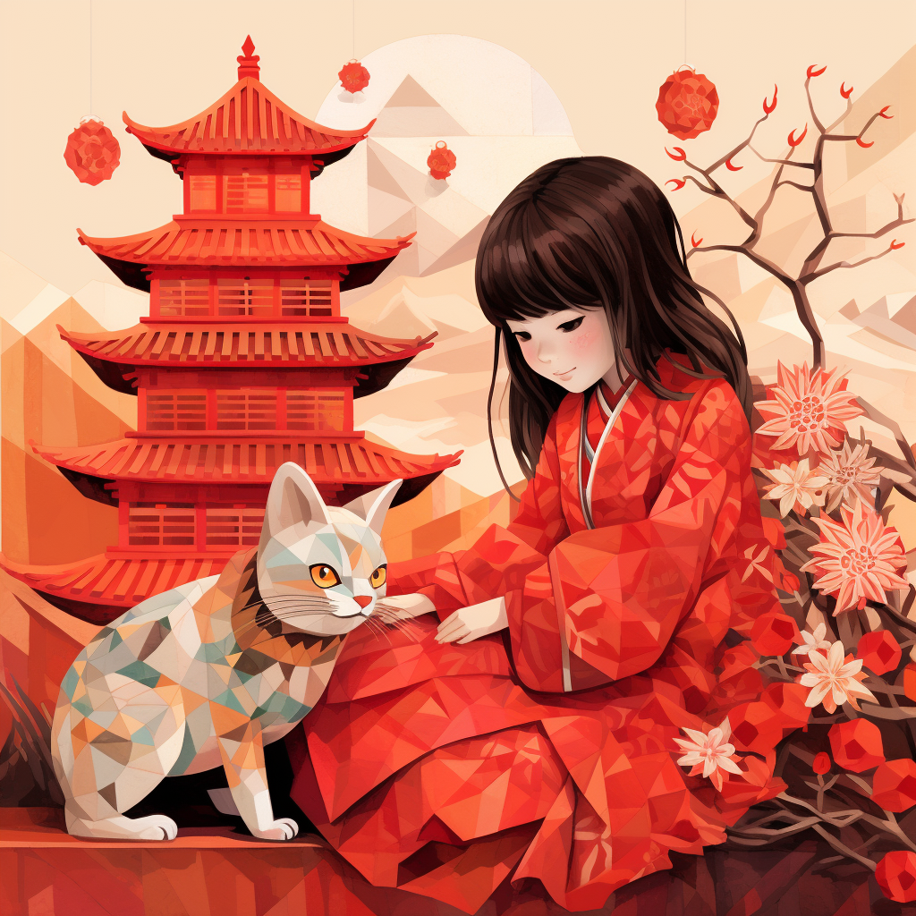 Little girl in red kimono petting cat at Japanese pagoda