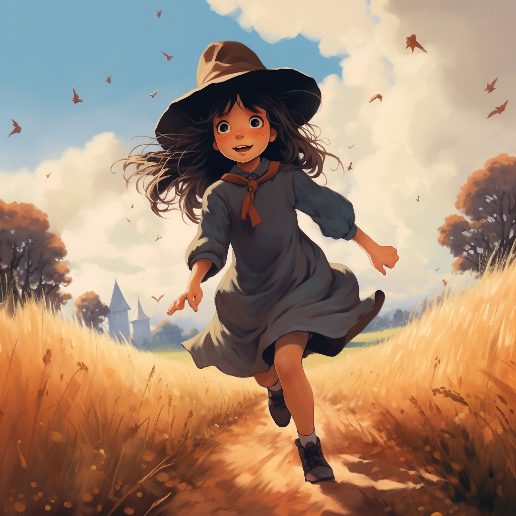 Cute little girl running with a witch hat