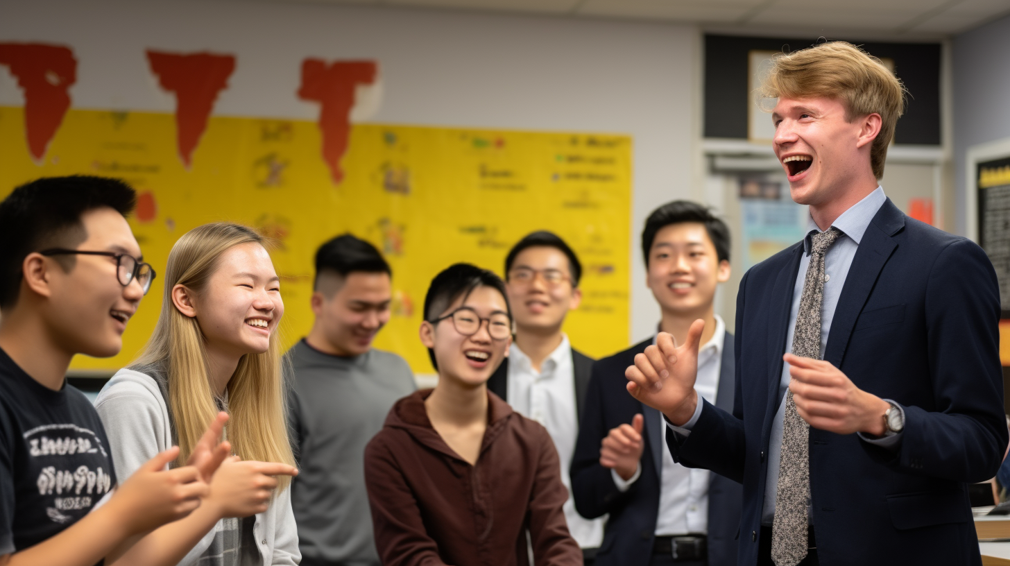 Asian students practicing pronunciation