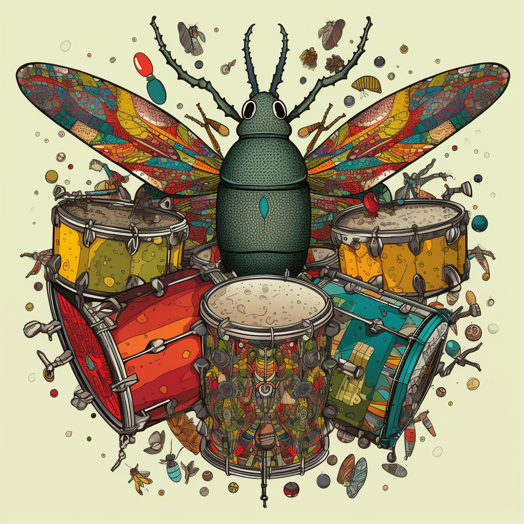 Multicolored living drum kit with patterns and insects