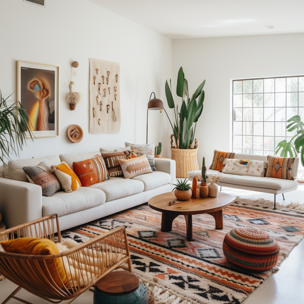 Boho Decor Living Room with Two Couches and Rug