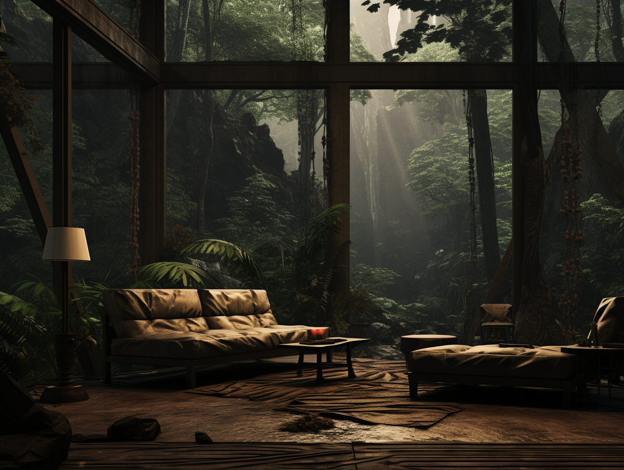 Living room amidst rainforest beauty