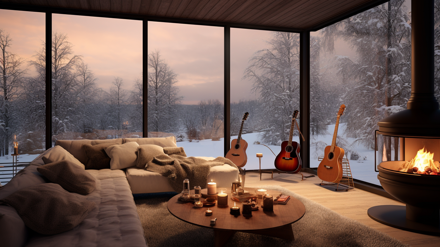 Living room with large snowy window view