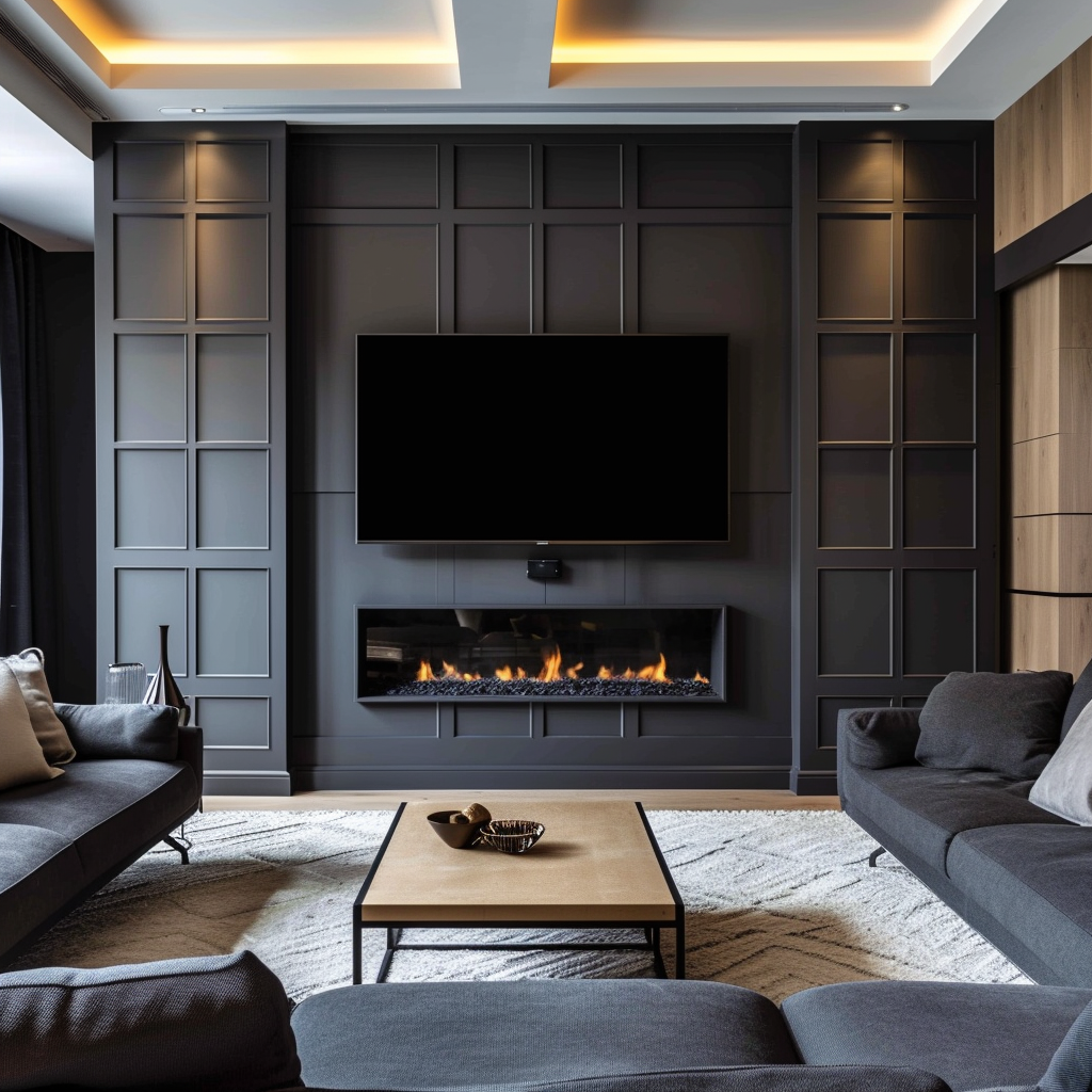 Modern accent wall living room fireplace TV