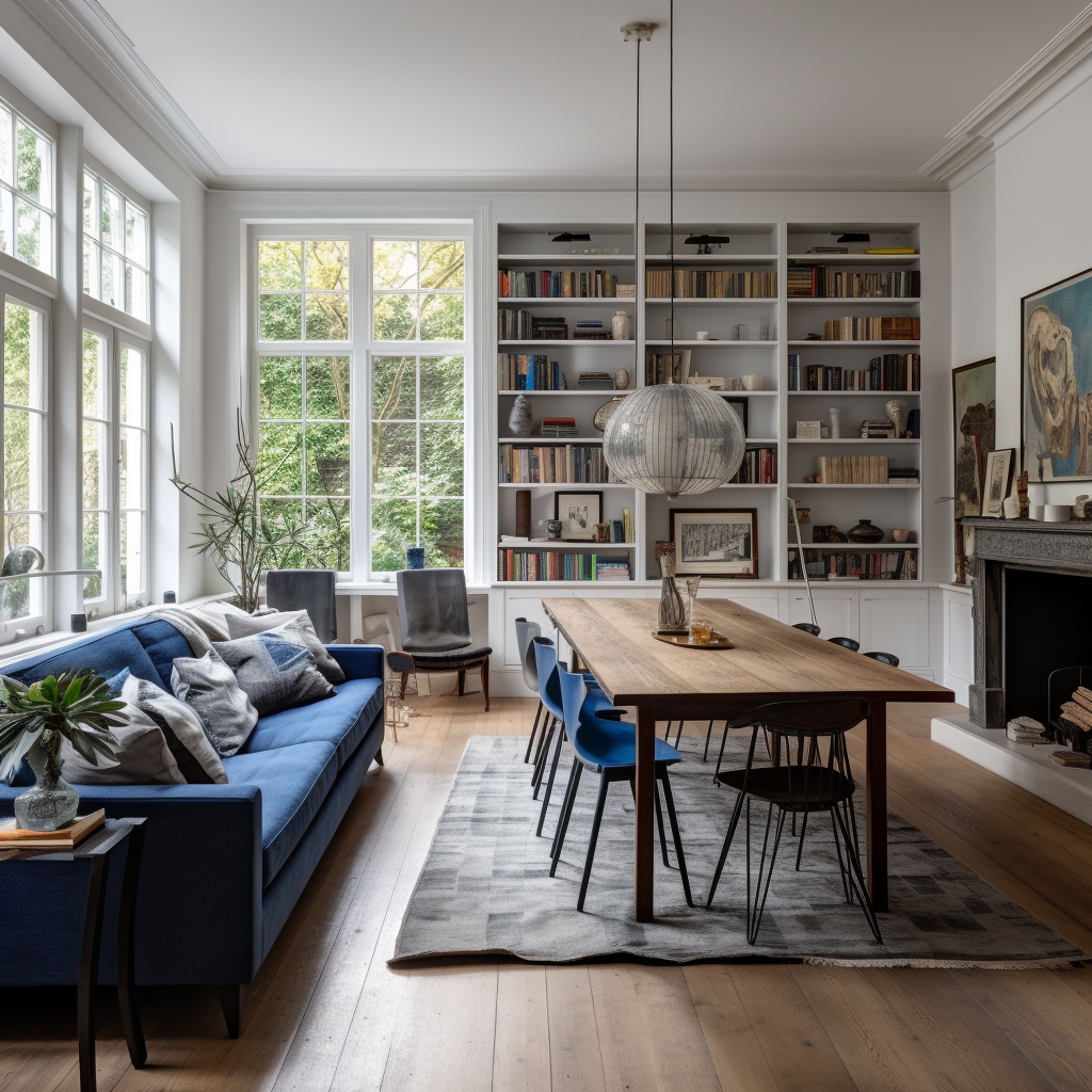 Cozy modern living room with bookshelves, sofa, and dining table