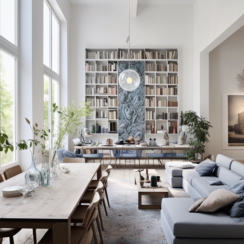 Living room with bookshelves and stylish furniture