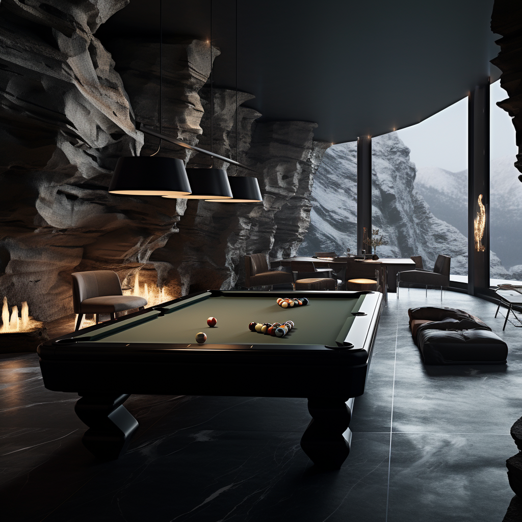 Living room with rock pool table in dark mansion