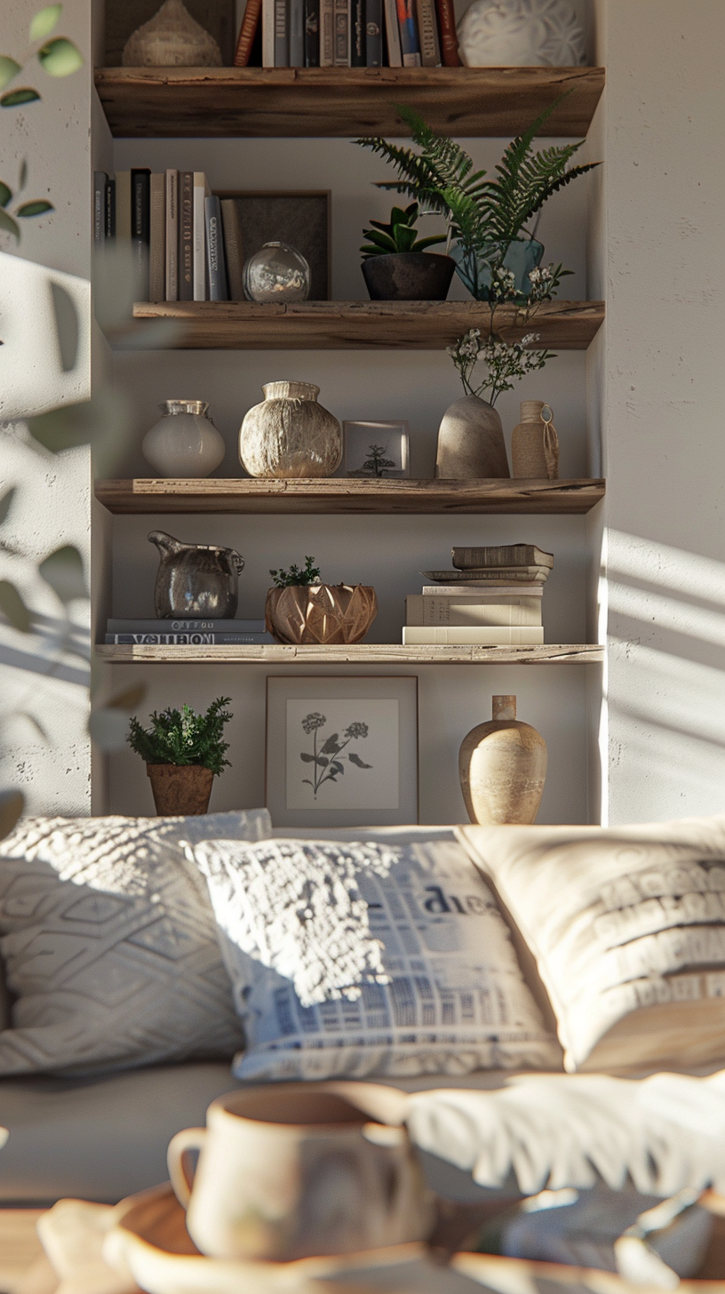 Living room shelf decor arrangement