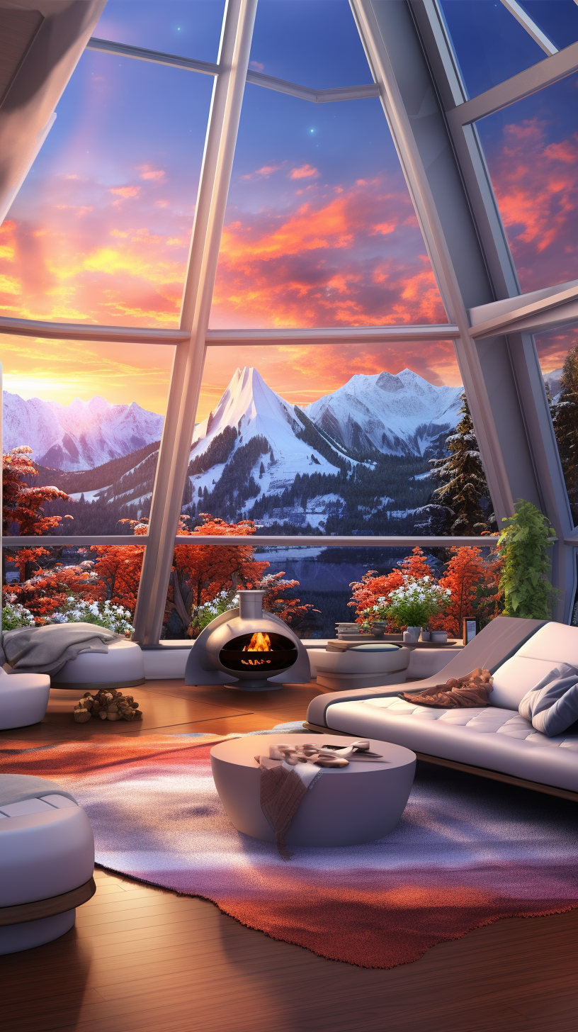 Living room with snowy mountains view