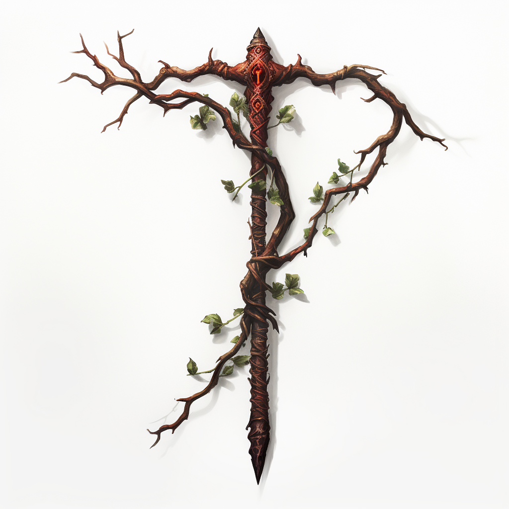 Staff made from living vines with reddish iron sickle blade