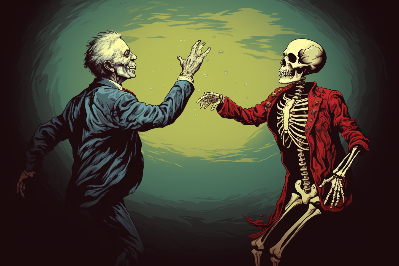 Conceptual illustration of a living man dancing with death