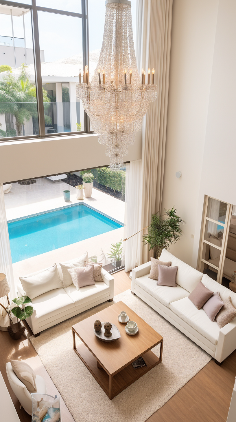 Living room with beige sofa and mezzanine