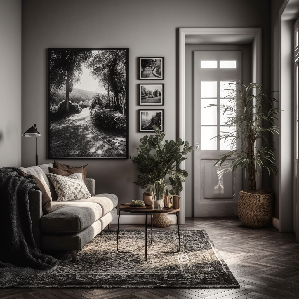 Modern affluent living room with B&W photography print