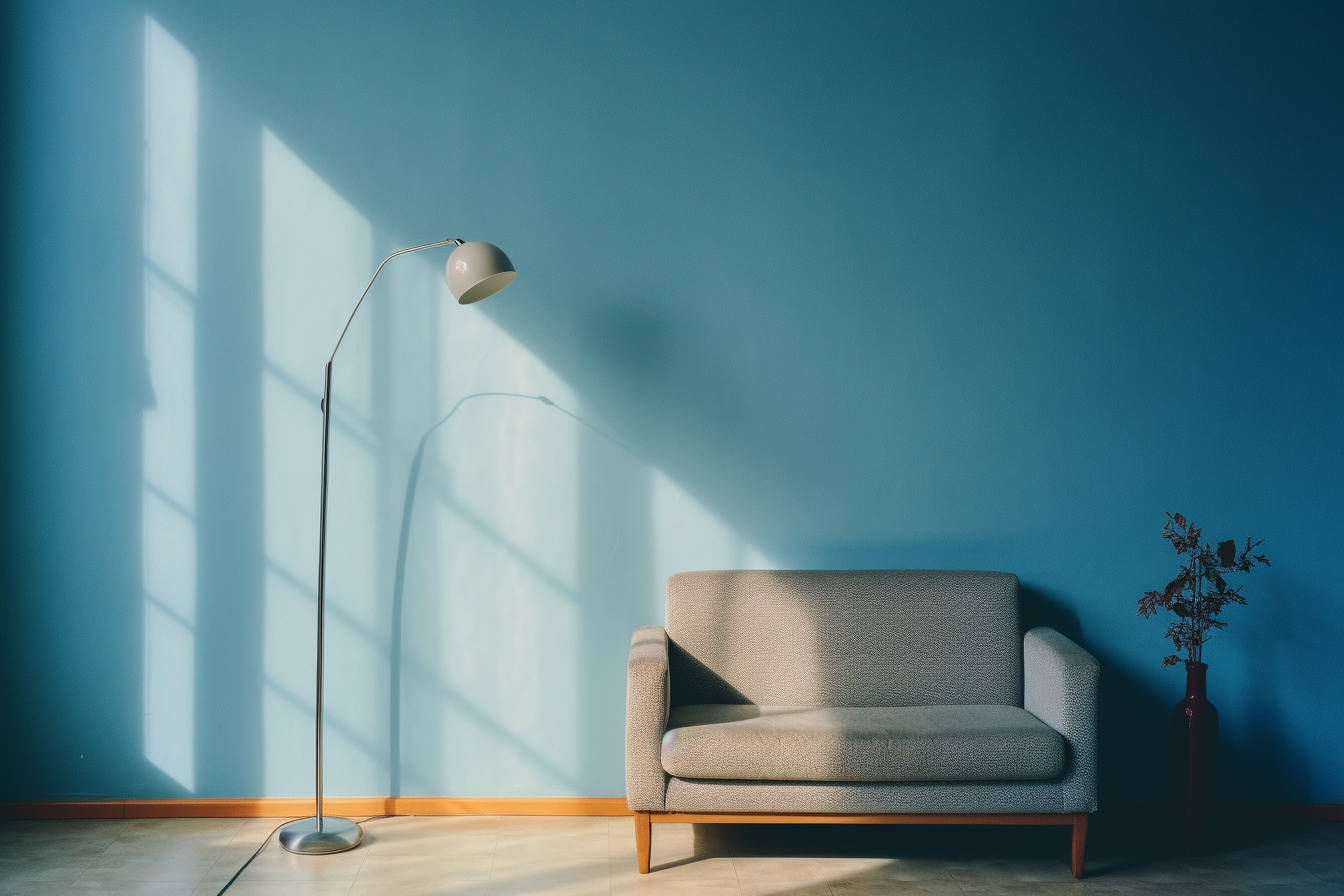 Clean living room with light blue wall