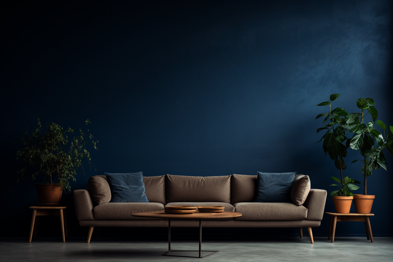 Dark blue living room with minimal background