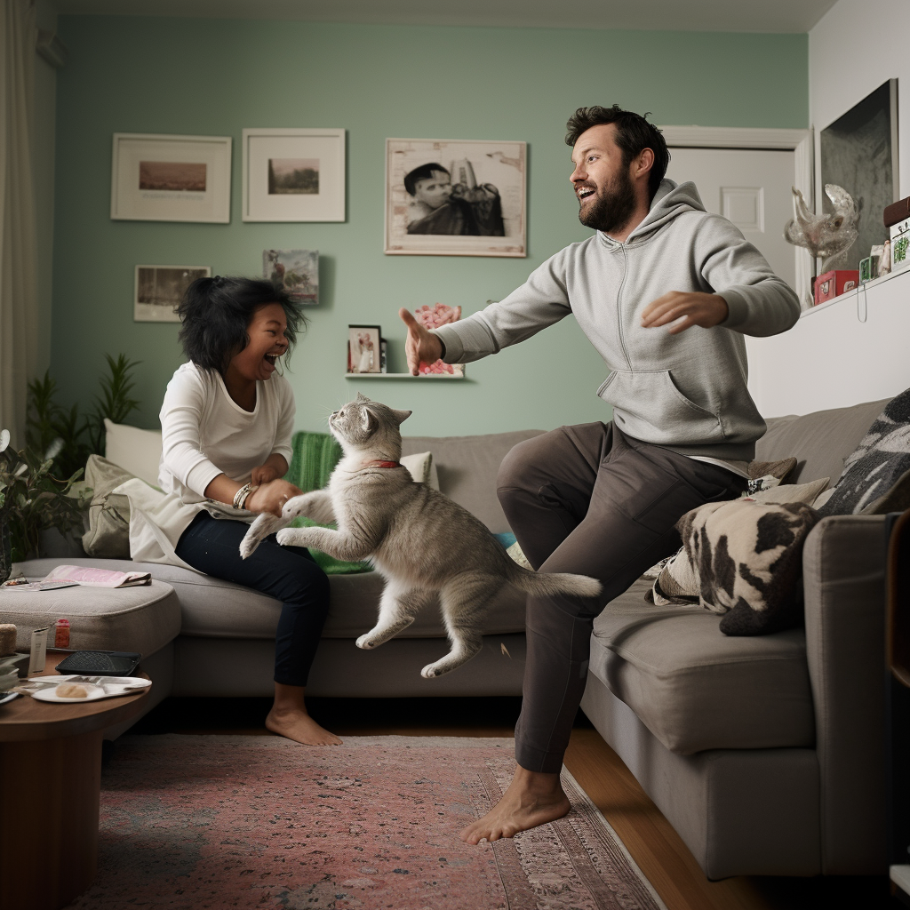 Smiling couple playing with cute British Shorthair cats