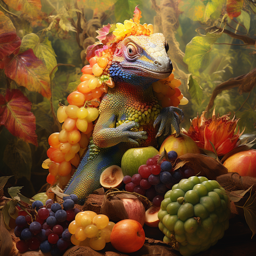 Lizard woman picking fruit in rainbow forest