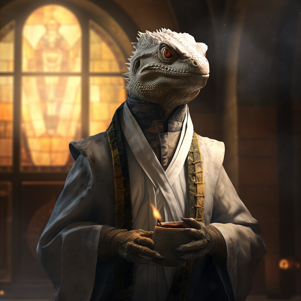 Lizard man dressed as priest