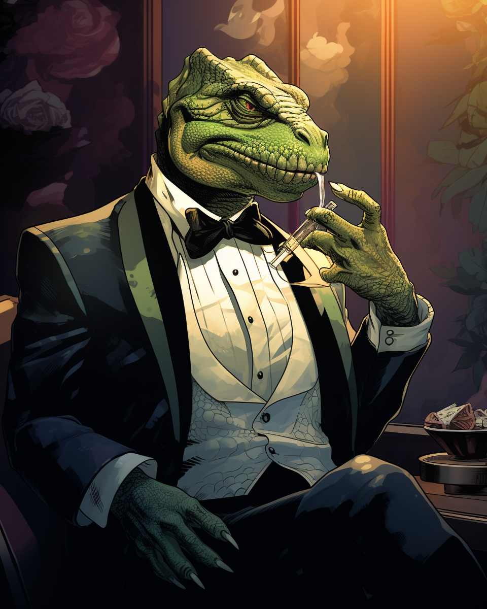 Comic book illustration of lizardman crime boss