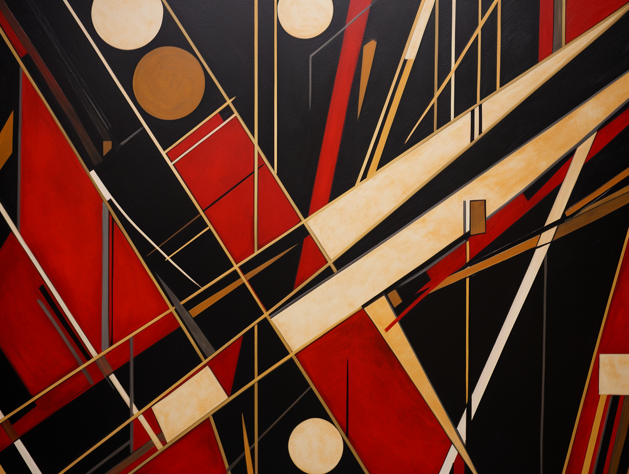 Abstract artwork with intricate details showcasing black, red, and gold accents