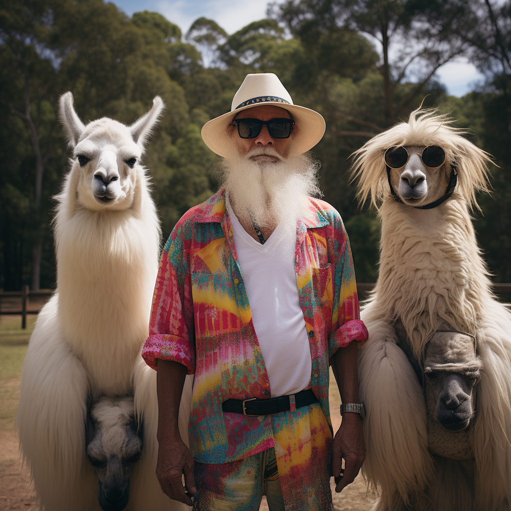 Llama farmer and llamas at festival