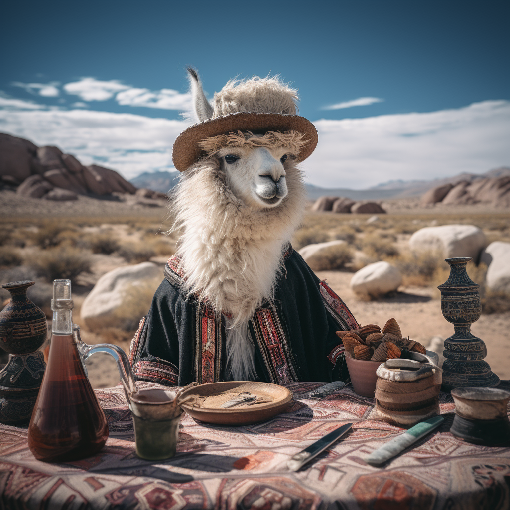 Llama relaxing with whiskey and hat