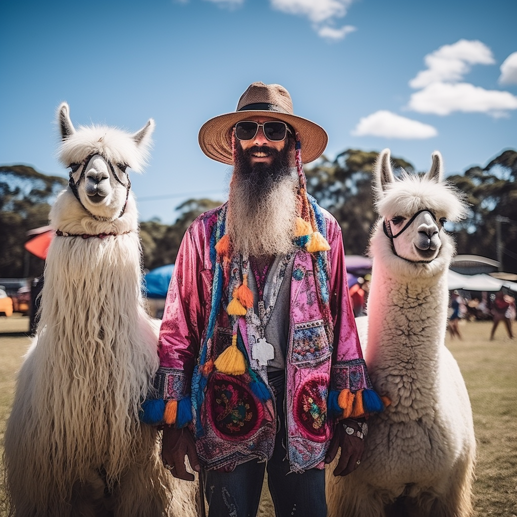 Llama farmer at festival with llamas