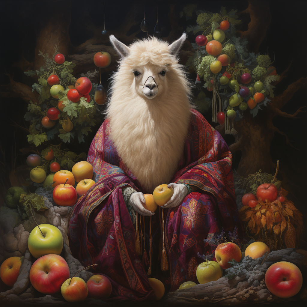 Llama in Isaac Newton costume under apple tree