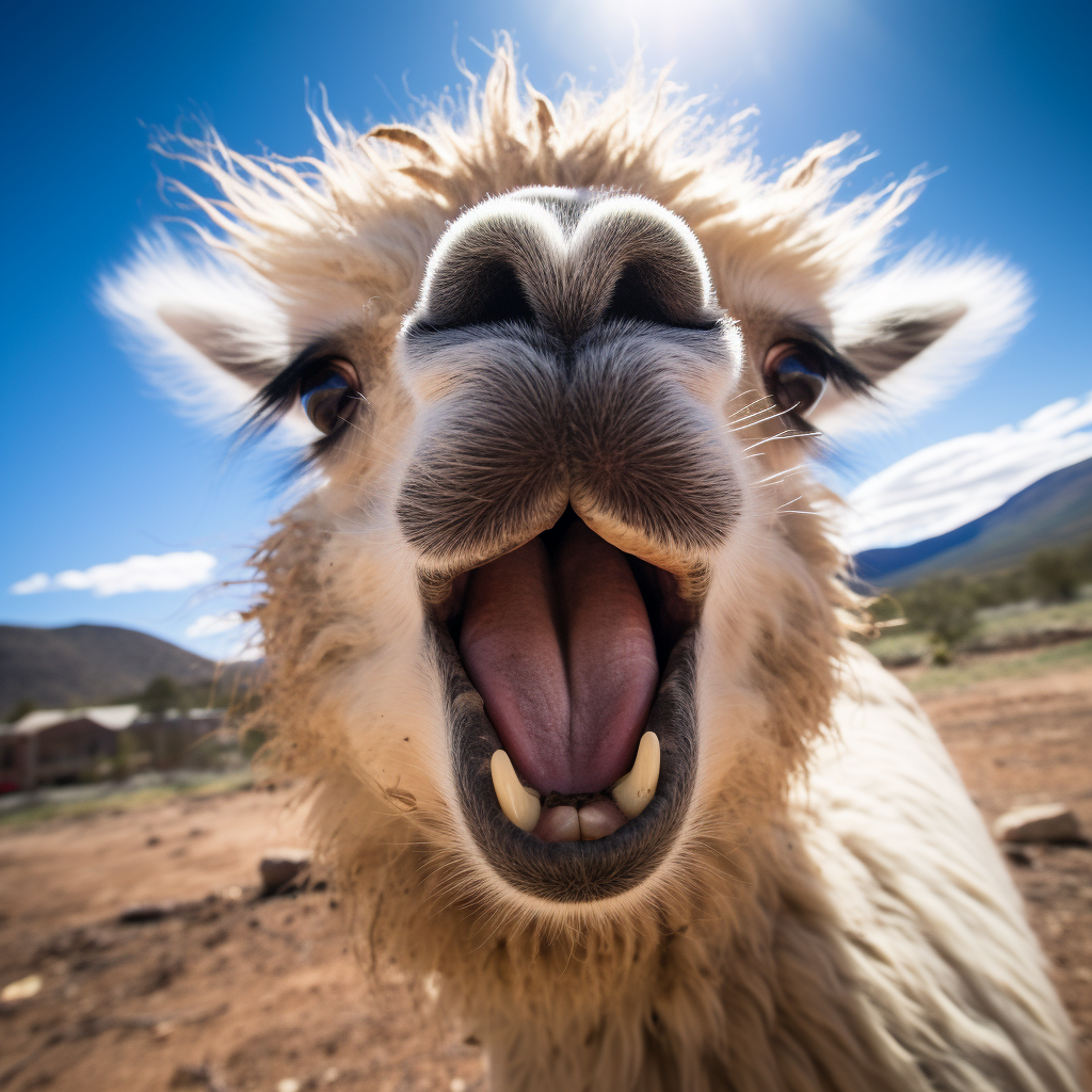 Llama licking camera lens with curiosity