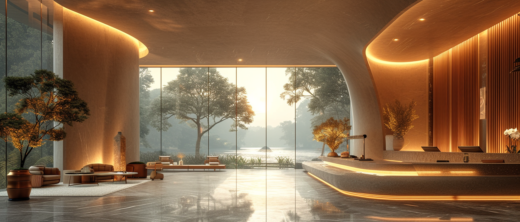 Earthy Tones Lobby Design with River View