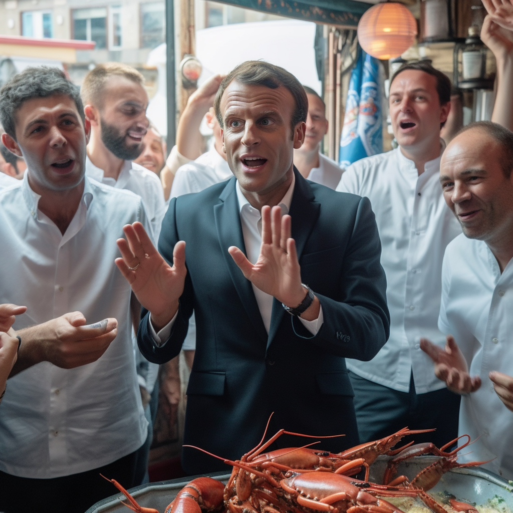 Macron singing with lobsters band