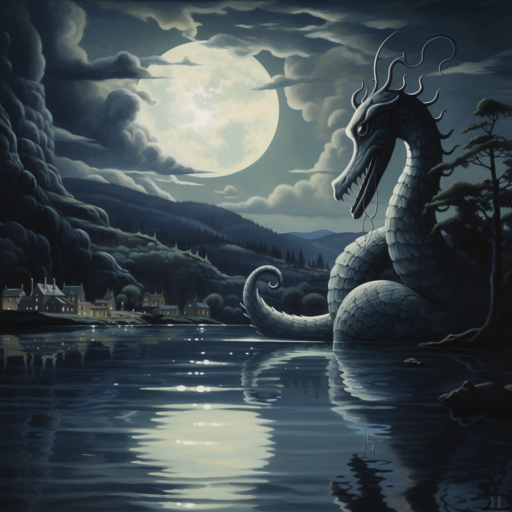 Enigmatic Loch Ness Monster in a Moonlit Night