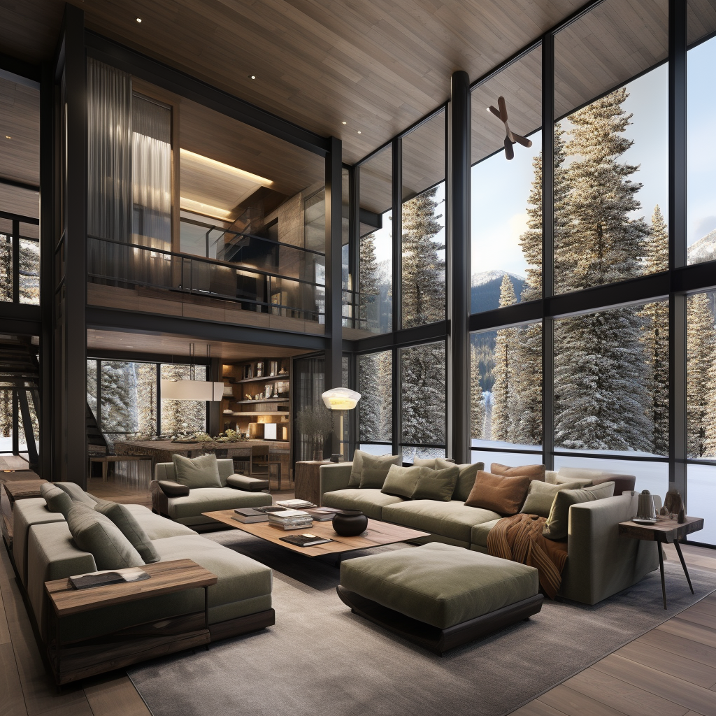 Cozy lodge living room with snowy landscape