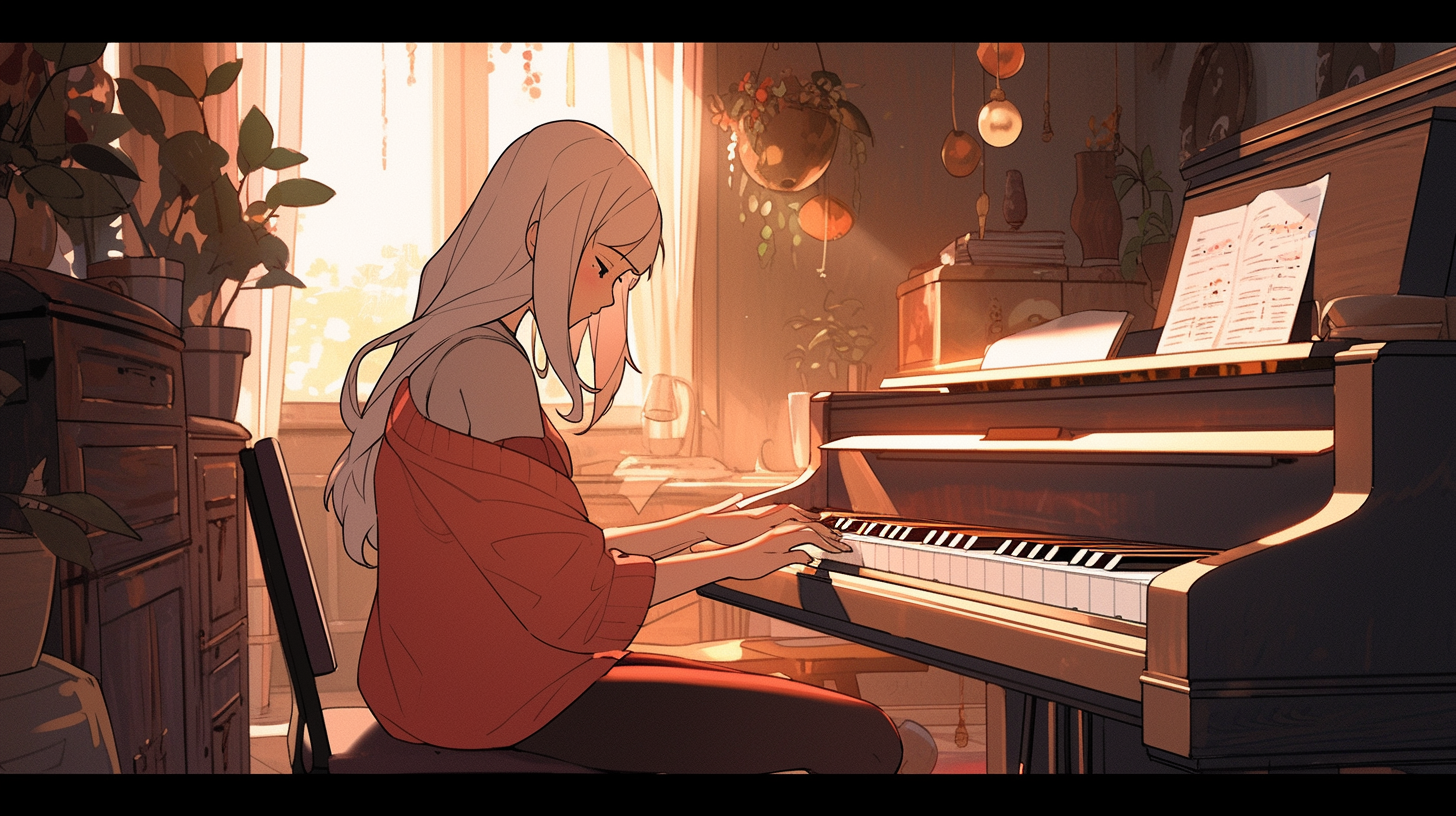 Anime girl playing wooden piano