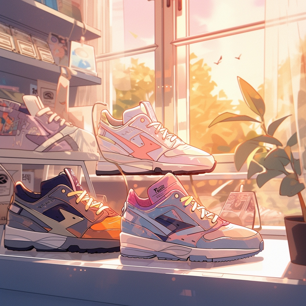 Colorful sneakers in display cabinet with art at sundown