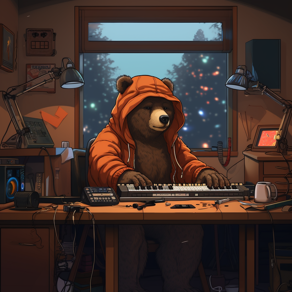 Lofi music producer bear in home studio