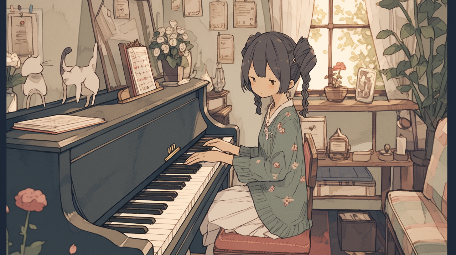 LoFi anime girl playing old piano in cozy room