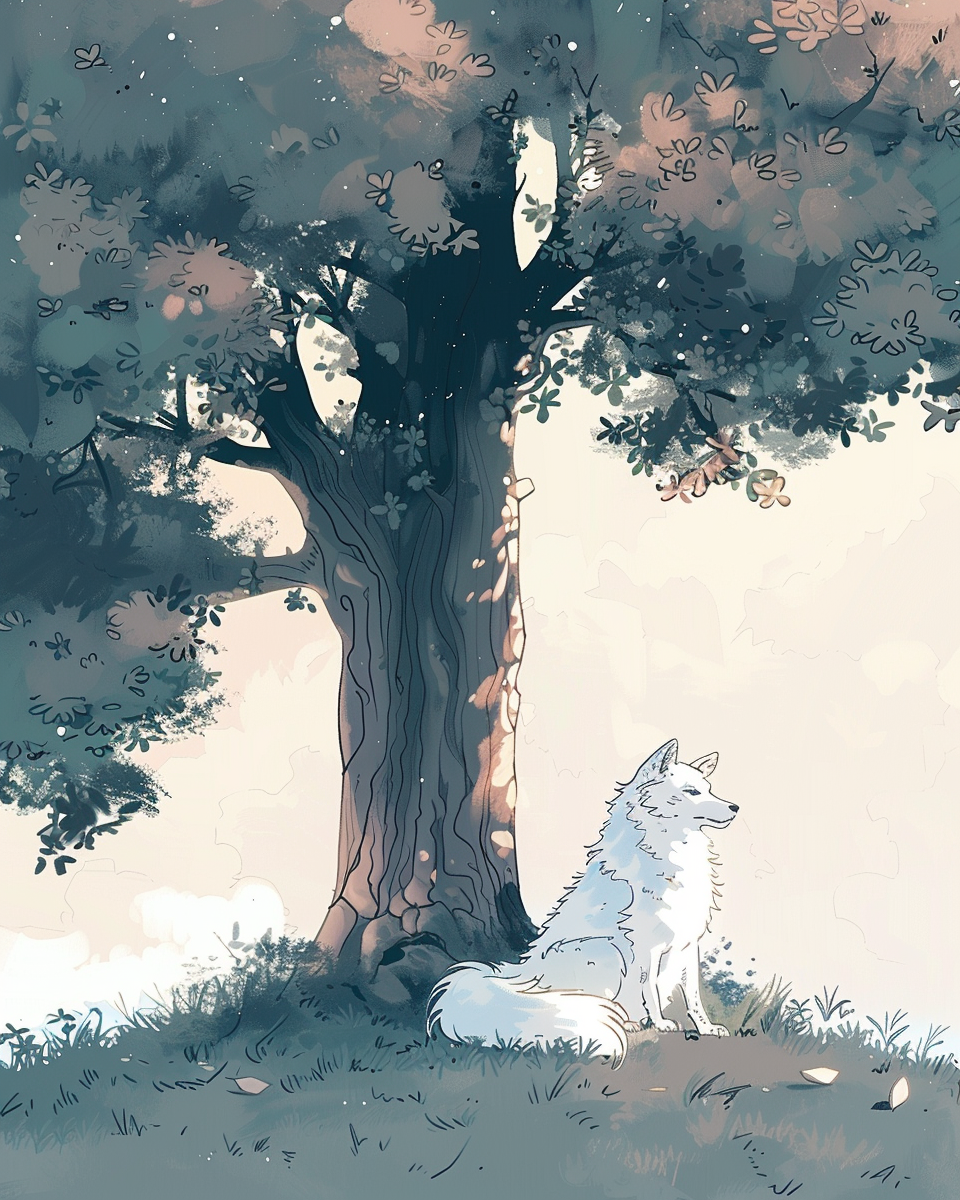 Fenrir sitting in front of tree