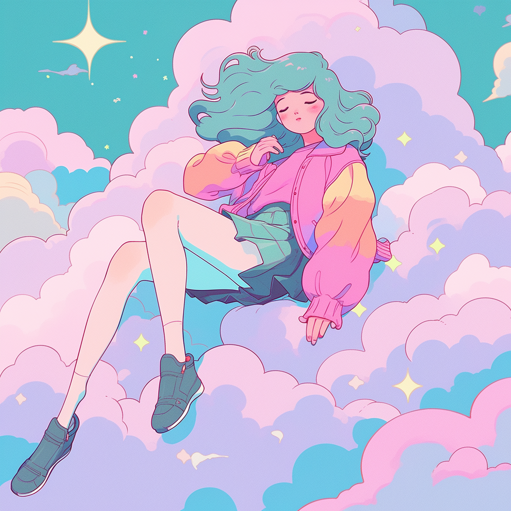 Lofi girl on cloud in 90s anime style