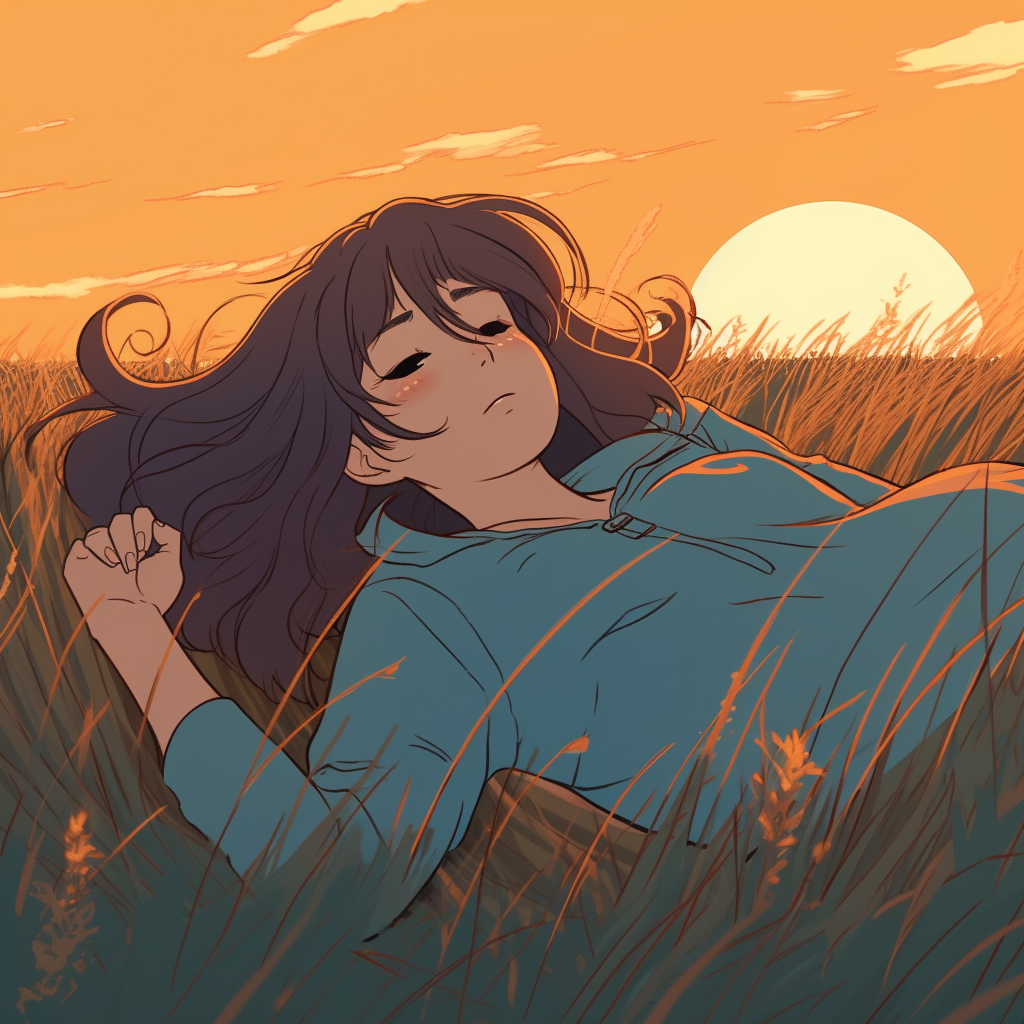 Lofi girl in field with sunset, hair blowing