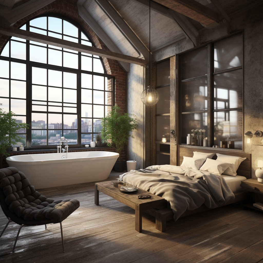 Rustic industrial loft bathroom bedroom