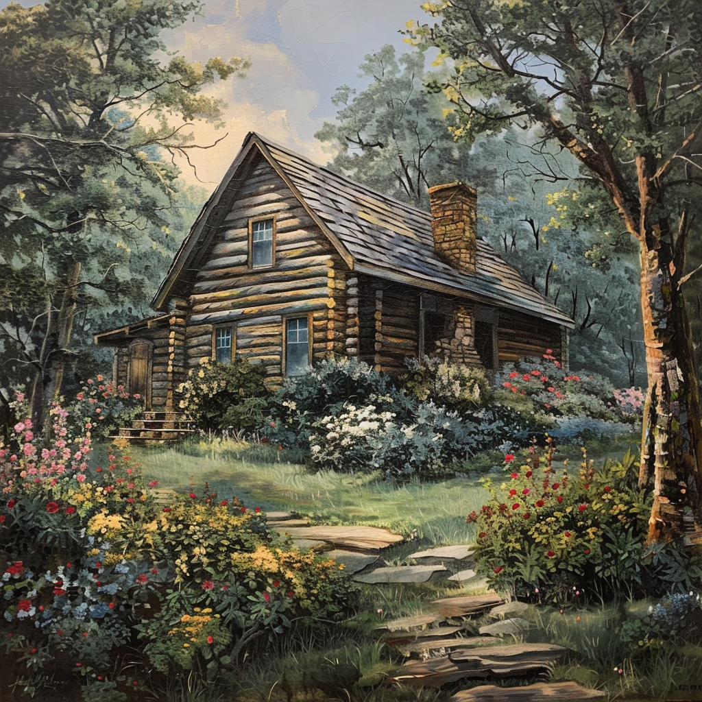 Log cabin with flowers painting