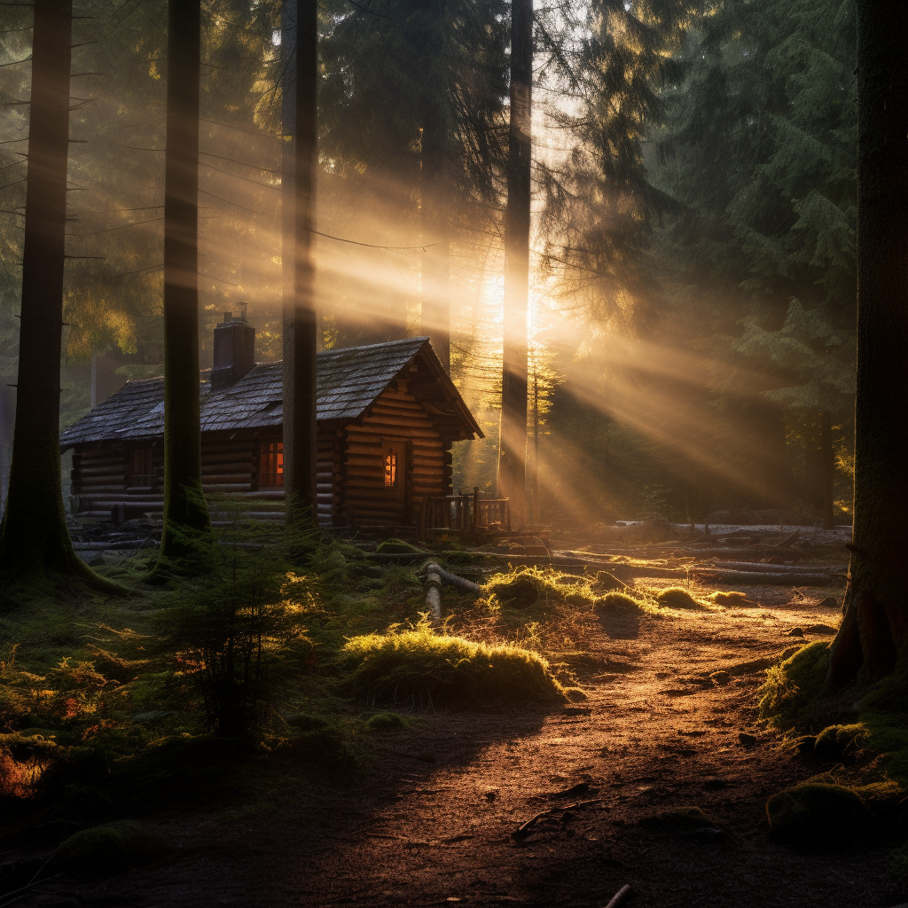 Log cabin in forest with bright light