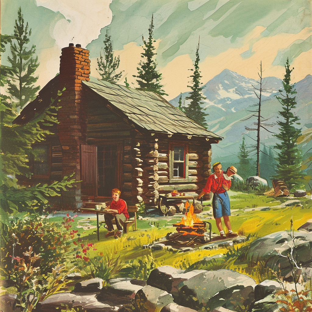 A nostalgic log cabin scene from a 1950s children's book