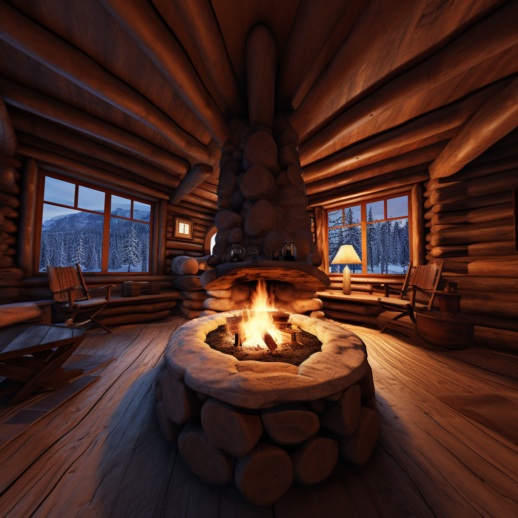 Romantic log cabin fireplace in winter