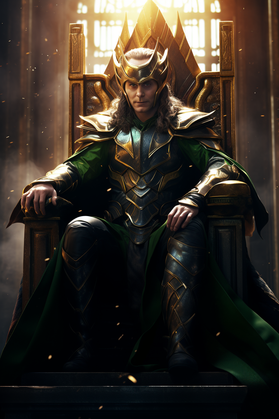 Loki in cape and crown on his throne