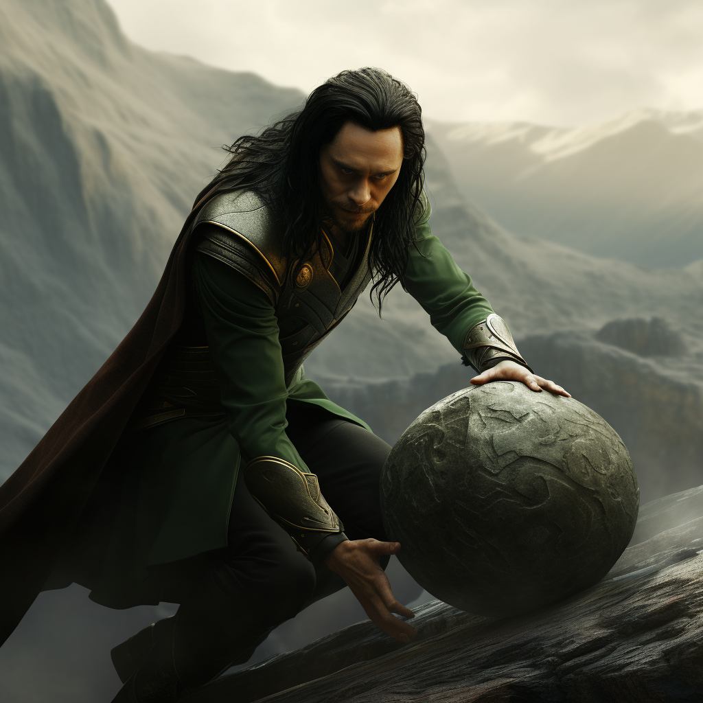 Loki pushing a giant stone uphill