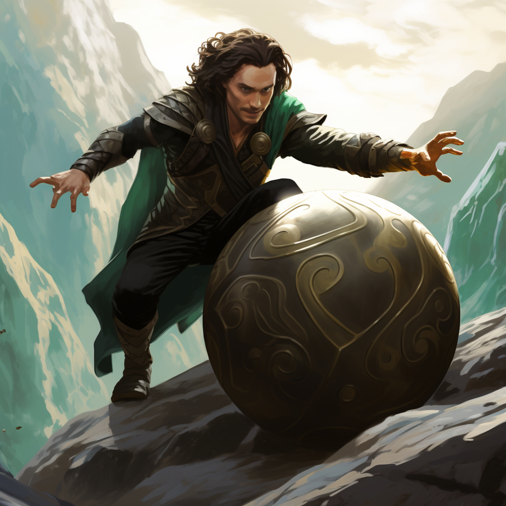 Loki struggles to push giant stone uphill