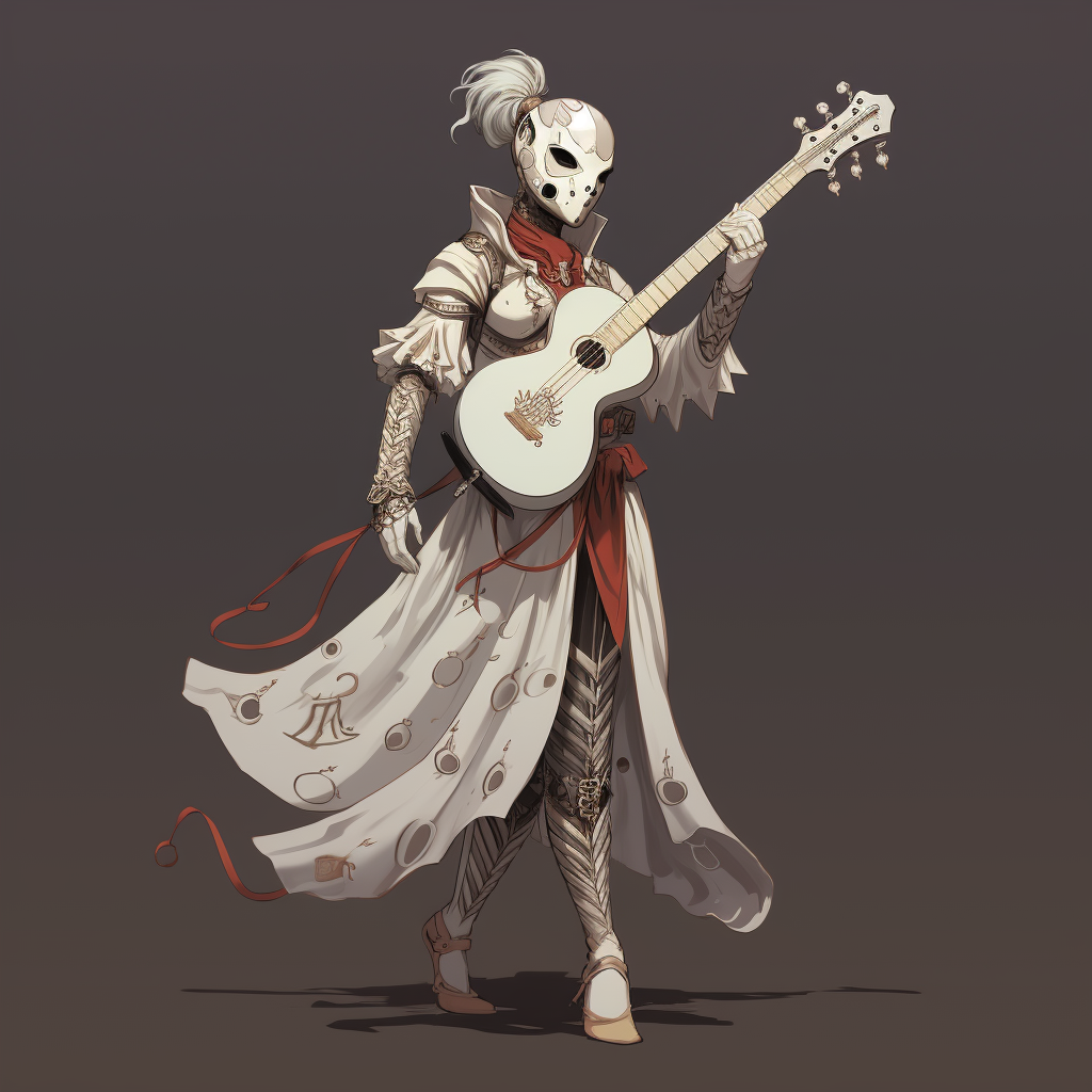 Feminine harlequin bard playing metal music